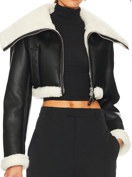 L'Academie Jackets & Blazers - L'Academie Black Faux Leather Cropped Jacket with White Shearling Trim